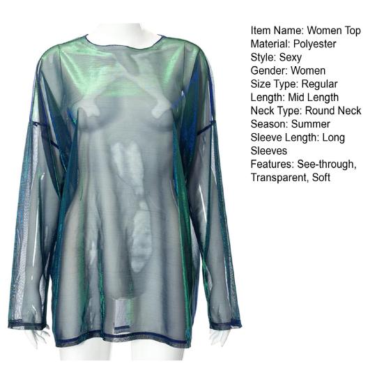 Женский клубный топ, прозрачный свободный пуловер с круглым вырезом и длинными рукавами, клубная одежда, тонкая сетчатая женская клубная футболка, женская одежда