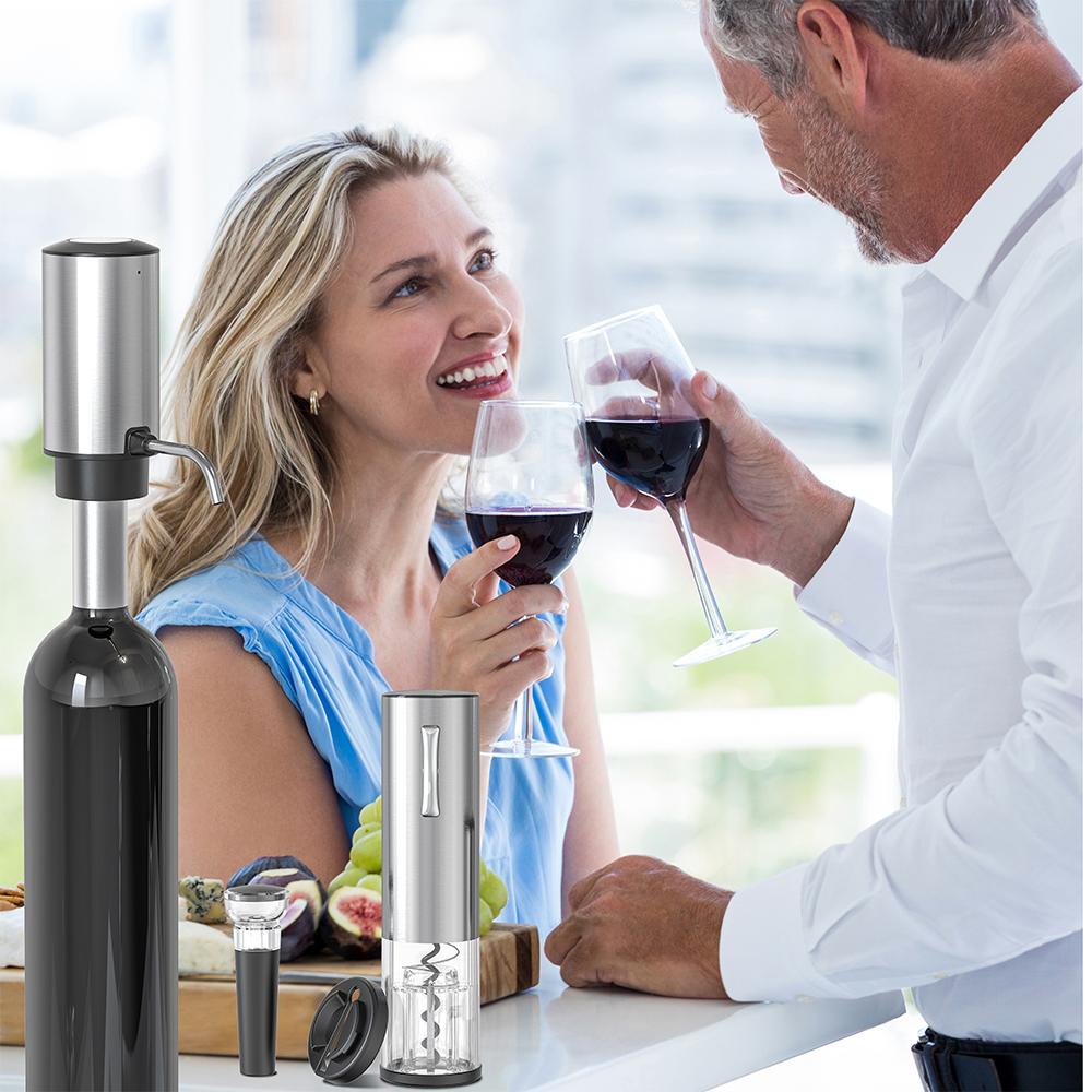 Electric Wine Opener 4-in-1 Set with Bottle Opener, Wine Decanter Pump with Aerator, Foil Cutter