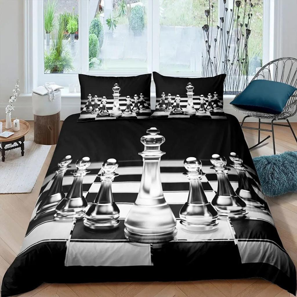 International Chess Duvet Cover Set Queen Size Chess Lovers Постельное белье для детей и взрослых Микрофибра Черная основа 23 шт Пододеяльник