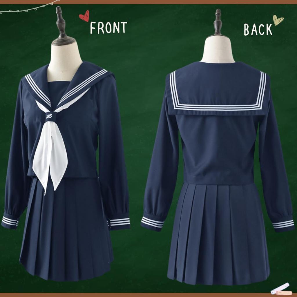 BeLoved Full Sailor Uniform Set White Navy Blue for High School Junior High School and Cute and Cute for Cosplay Halloween Loose Popular for School