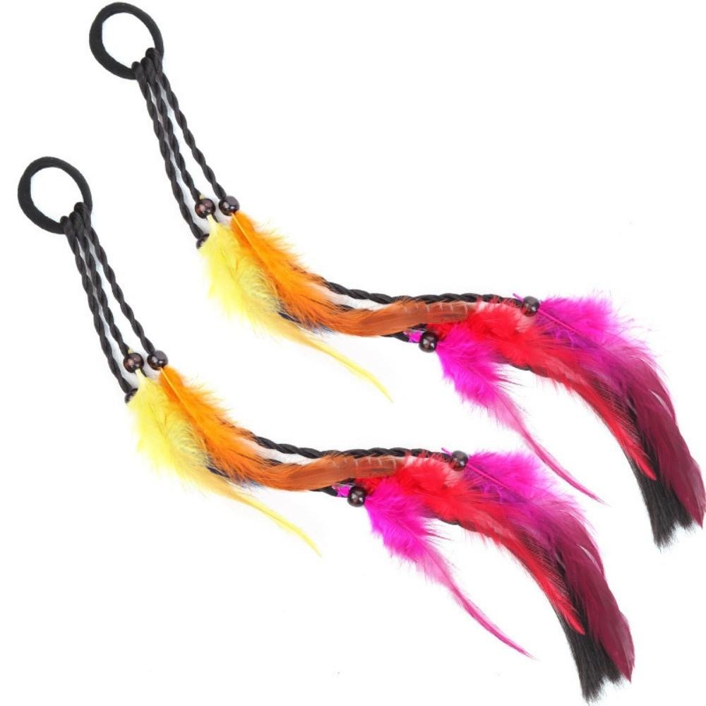 2pcs Rubber Band Headband Bohemian Feather Hair Extensions Twist Braid Ponytail for Halloween