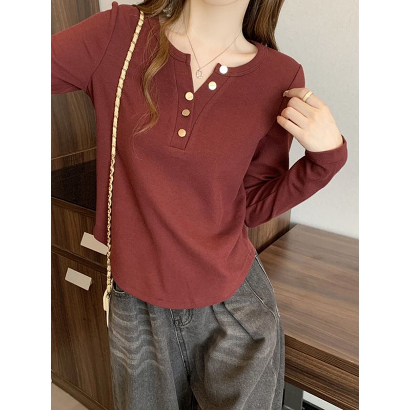 V Neck Chic Slightly Fat Sister Belly-Covering Long Sleeve T-Shirt