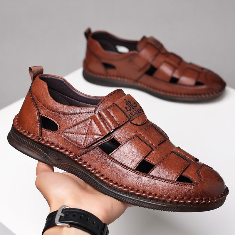 Мужская обувь летняя дышащая полая кожаная обувь мужская повседневная обувь с отверстиями папины мужские сандалии