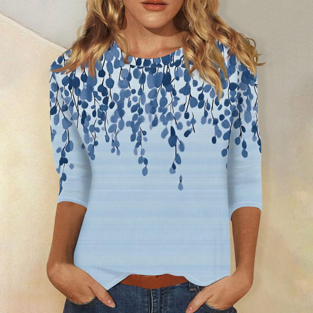Women's Fashion Casual Three-quarter Sleeve Vintage Floral Print Round Neck Top