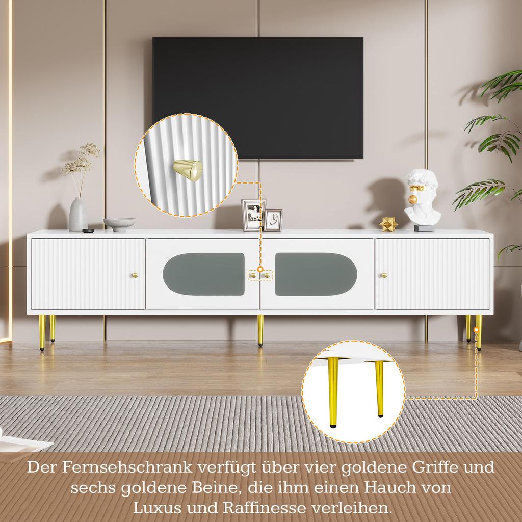 TV Schrank Lowboard 170 cm, 4 Modernes TV Board TV-ständer Mattglastür, Eleganter Fernsehtisch HiFi-Schrank Wohnzimmer Mediamöbel Weiß