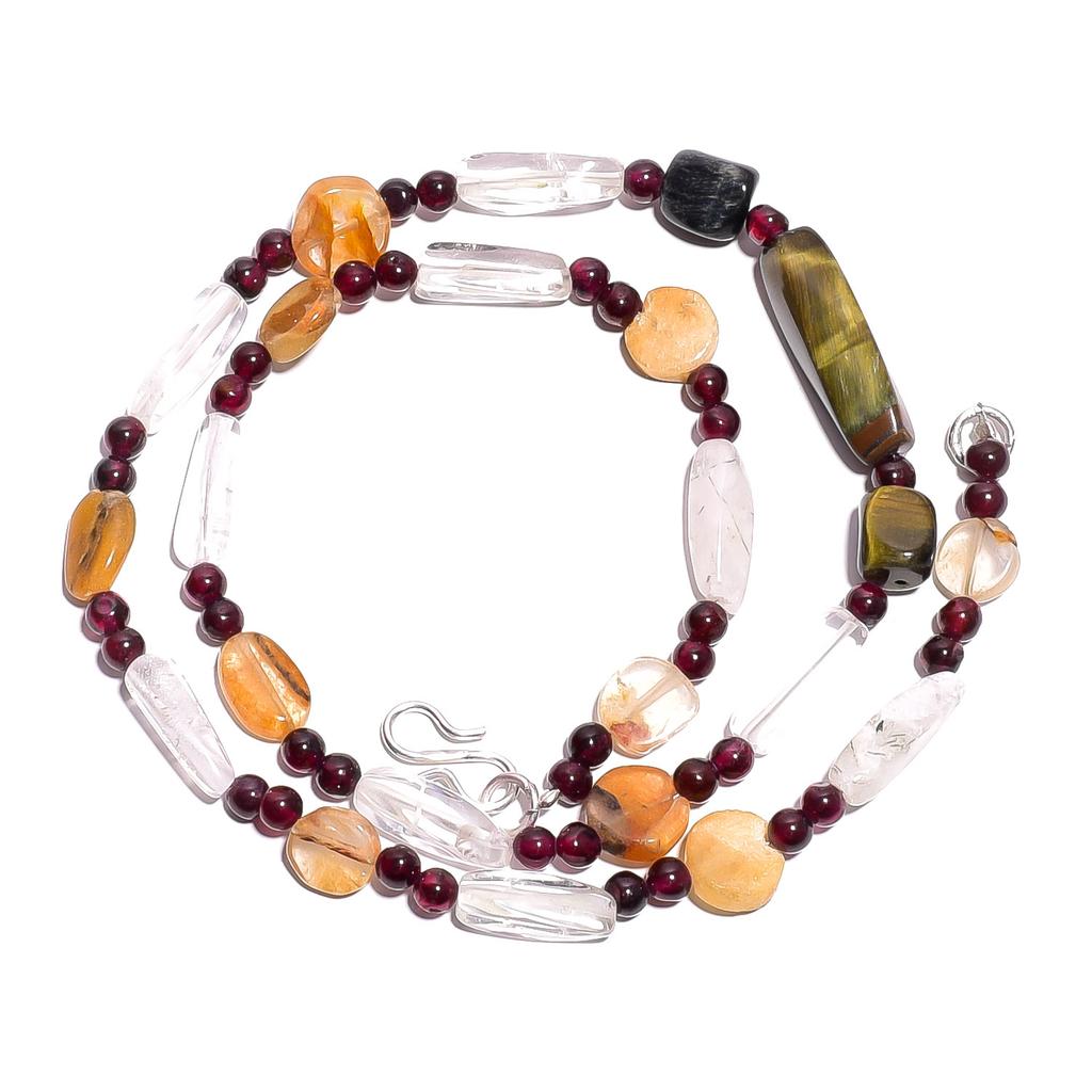 Natural Tiger Eye Crystal Garnet Gemstone Smooth Beads Necklace 17" UB-4778 UB-4778