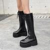 Feamle Footwear Chunky Platform Heels Pu Leather Knee High Boots Women Retro Punk Long Boots Woman Lace Up Booties Mujer