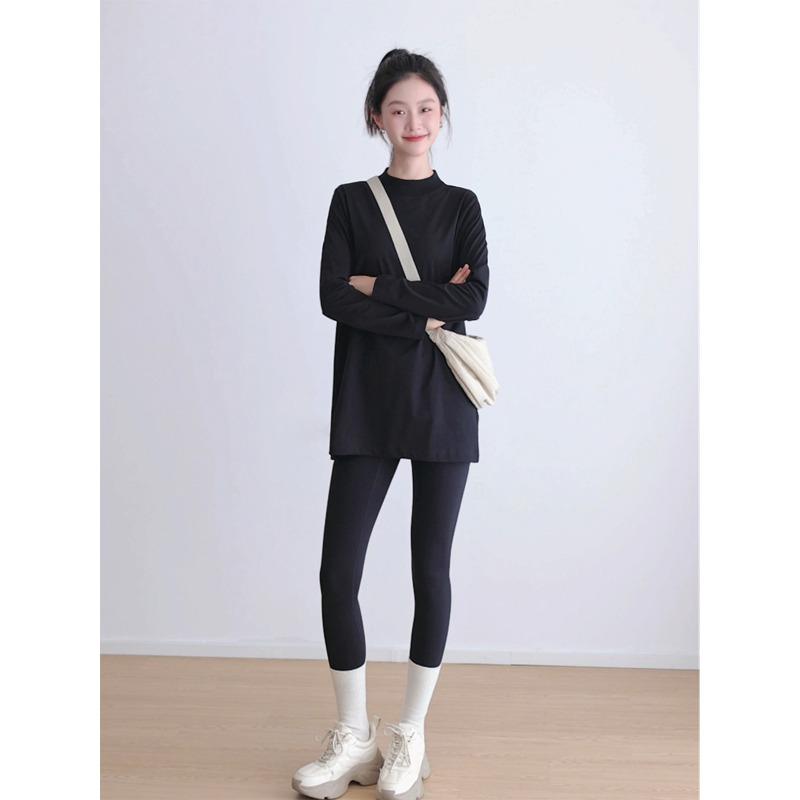 Long Shirt Covering Butt Half Turtleneck Women's Long-sleeved Middle Collar Loose and Thin Stacked Bottoming Shirt Medium and Long Top