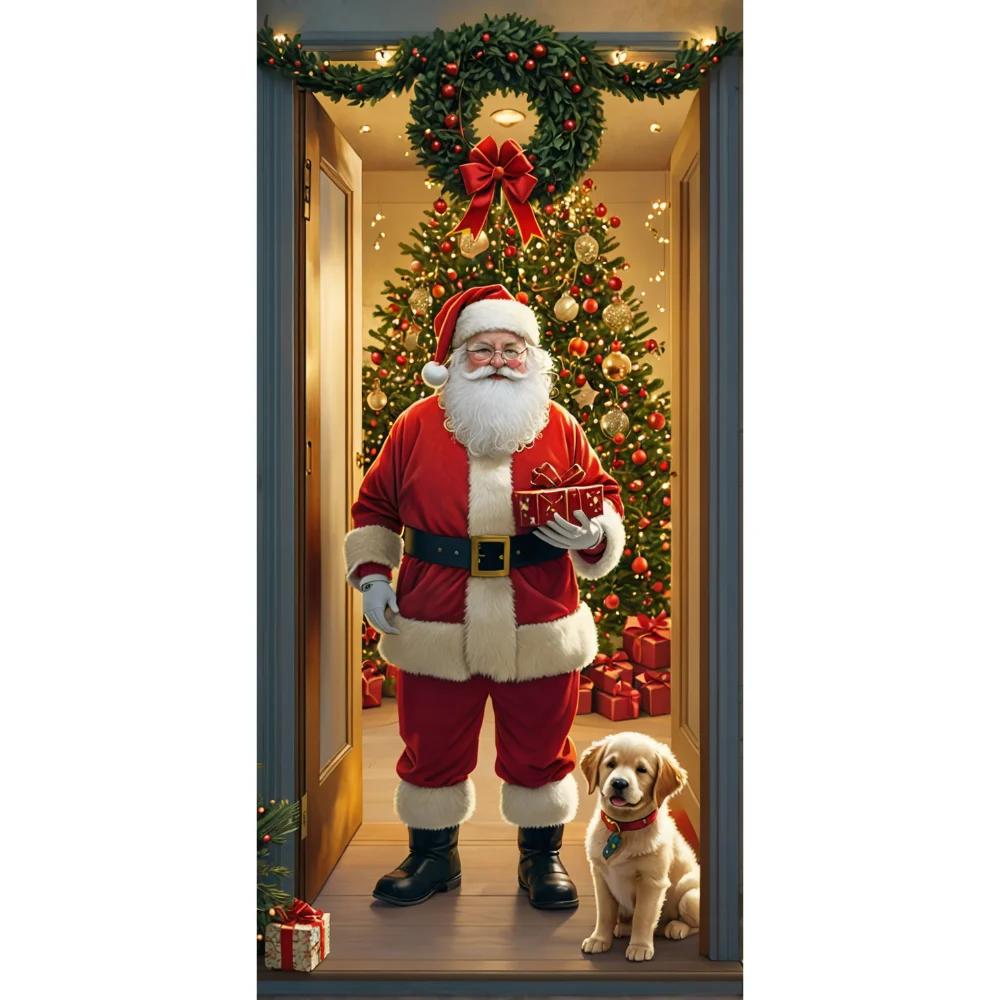 Vivid Santa Claus Send Gift Christmas Door Cover 35.43*72.83inch Banner Front Door Decoration 2025 Christmas Home Party Supplies