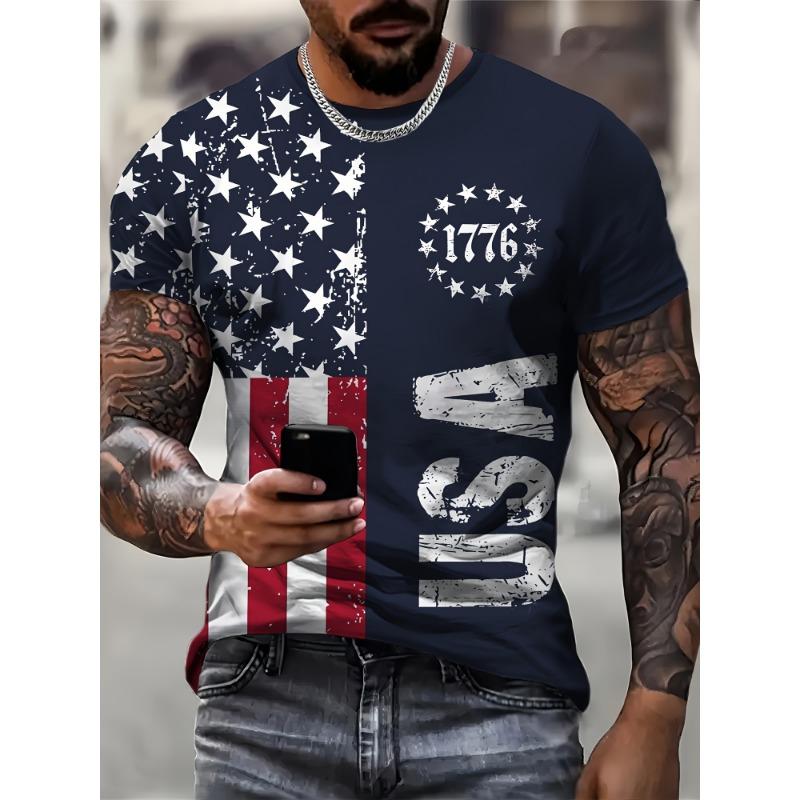 Винтажная футболка для мужчин с американским флагом, графические футболки 1776, футболки с принтом, футболки с коротким рукавом, мужская одежда больших размеров для активного отдыха, верхняя часть