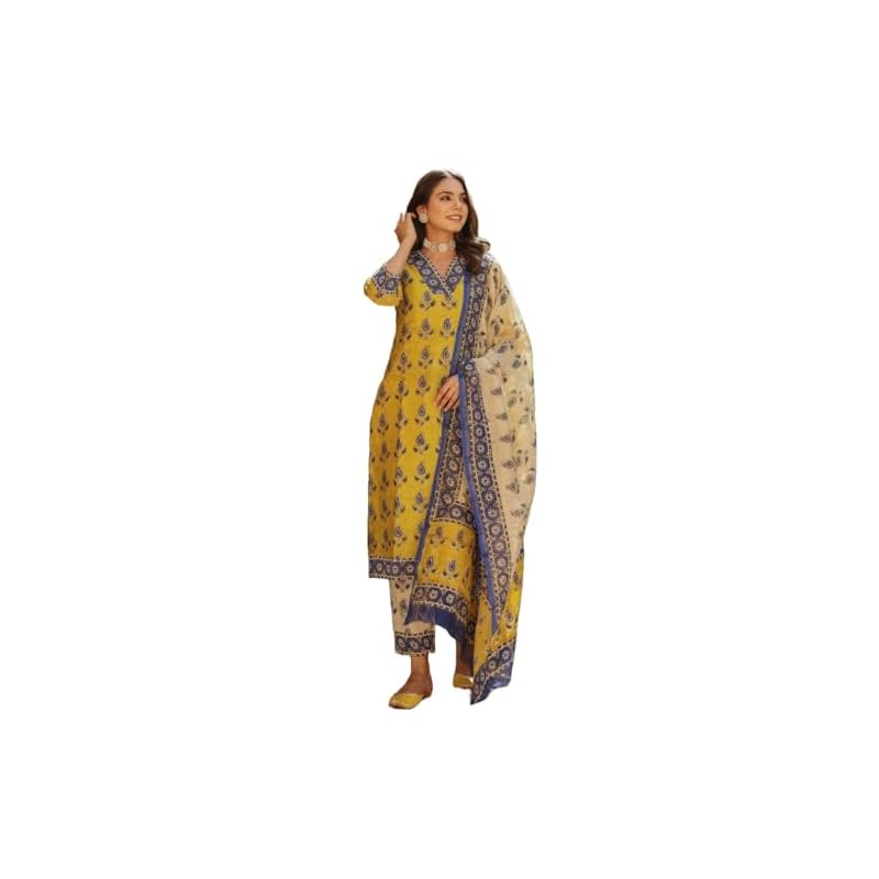 GoSriKi Women's Cotton Blend Straight Printed Kurta with Pant & Dupatta (Uchiha Mustard-GS_L_Mustard_Large)