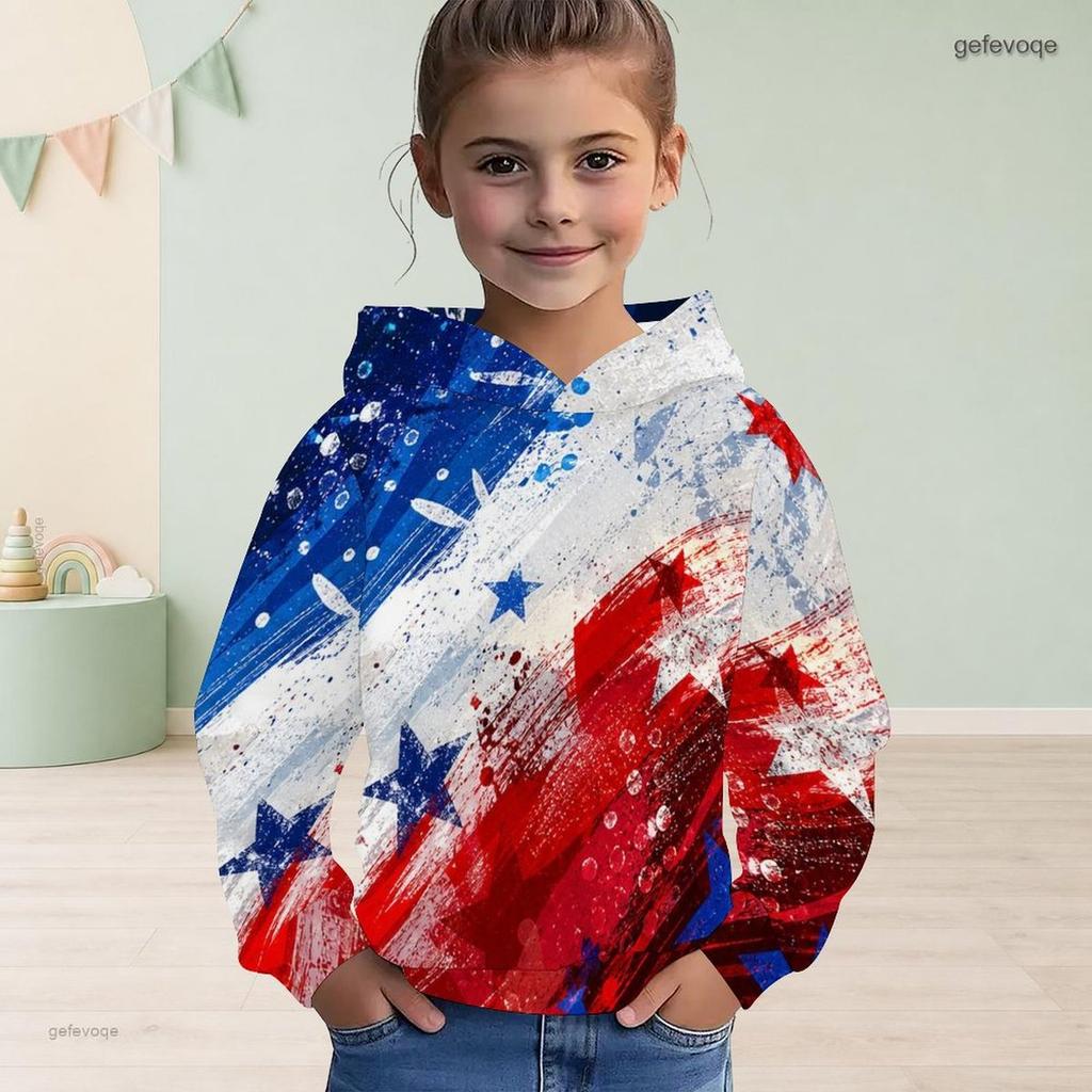 Girls Long Sleeve Hoodie Firework Printed Red Navy Gold Casual Pullover