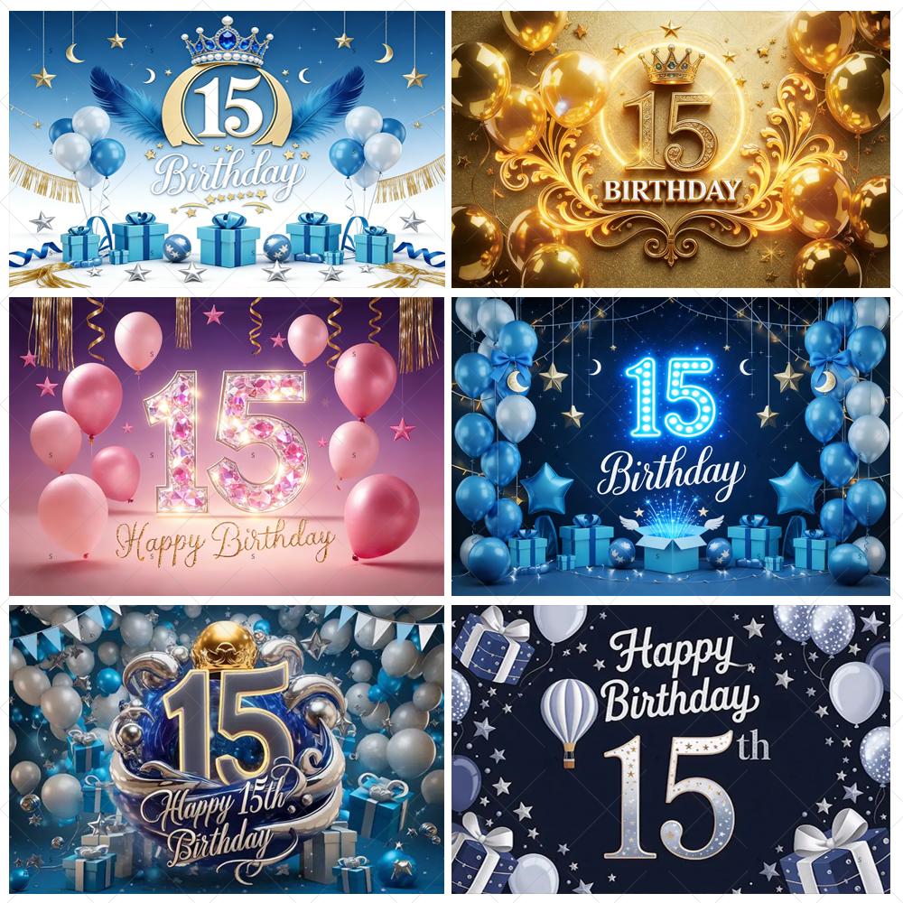 15th Birthday Theme Backdrop Black Gold Glitter Balloon for Women Men Boy Girl Party Decorations Balloon Banner Photography Prop
