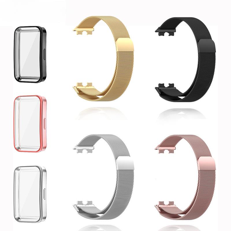 Metal Strap For Huawei Band 8 Bracelet With Protector Case Screen Soft TPU Replacement Milanese Magnetic Loop Huawei Watchband