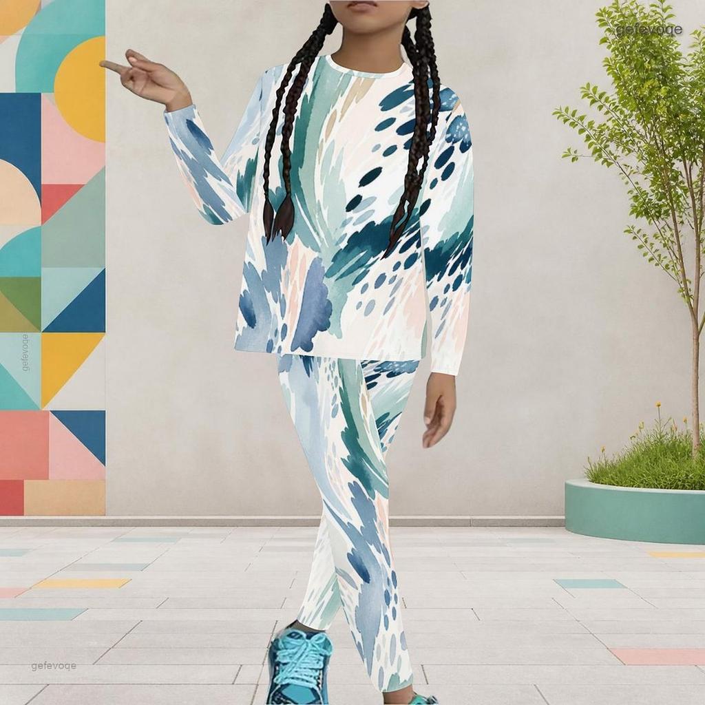 Girls Watercolor Printed Round Neck Long Sleeve Top And Fitted Pants Two Piece Set