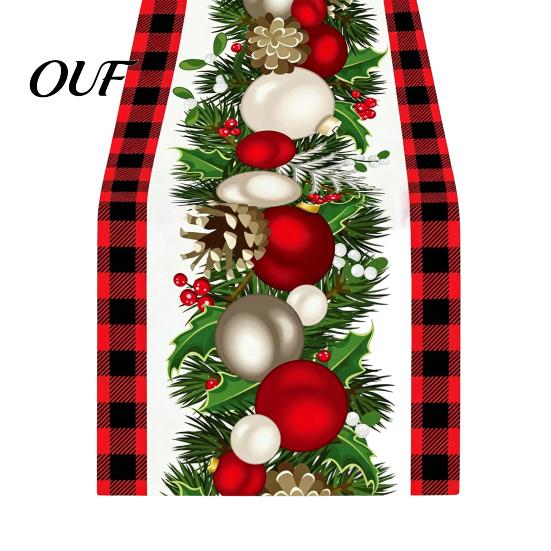 Decorative Table Runner Christmas Runner, Xmas Tree Ball Reindeer Print Seasonal Tablecloth, Winter Holiday Party Dining Decoration Washable