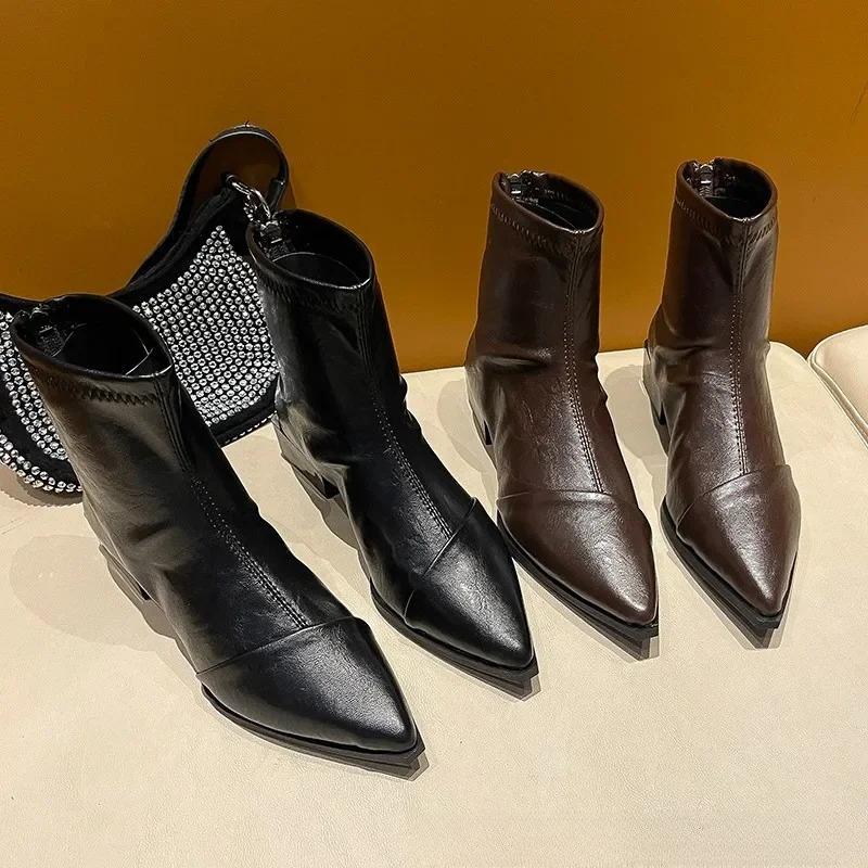 Fashion French Pointed Toe Short Boots Women's Autumn Winter New Style Chelsea Bare Boots Commuter Versatile Thin Boot EVA Insole Rubber