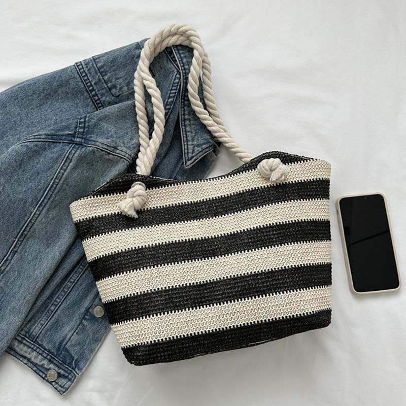 Yogodlns Женская тканая пляжная сумка большой емкости, полосатые сумки на молнии, соломенная сумка в стиле ретро, женская летняя повседневная сумка