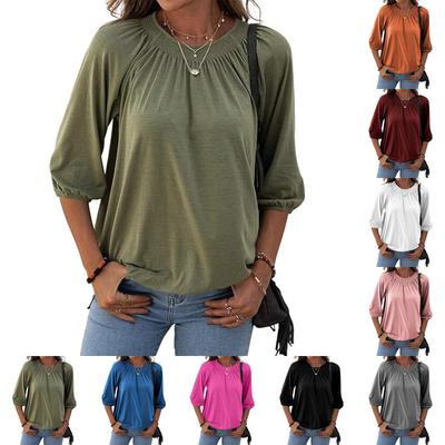 Женская однотонная футболка с круглым вырезом, рубашка с рукавом до локтя / рукавом 3/4, повседневная, свободная, плиссированная, базовая