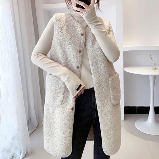 Fall Winter Women Vest Coat Round Neck Loose Mid Length Sleeveless Single-breasted Pockets Cardigan Warm Thick Outwear Waistcoat