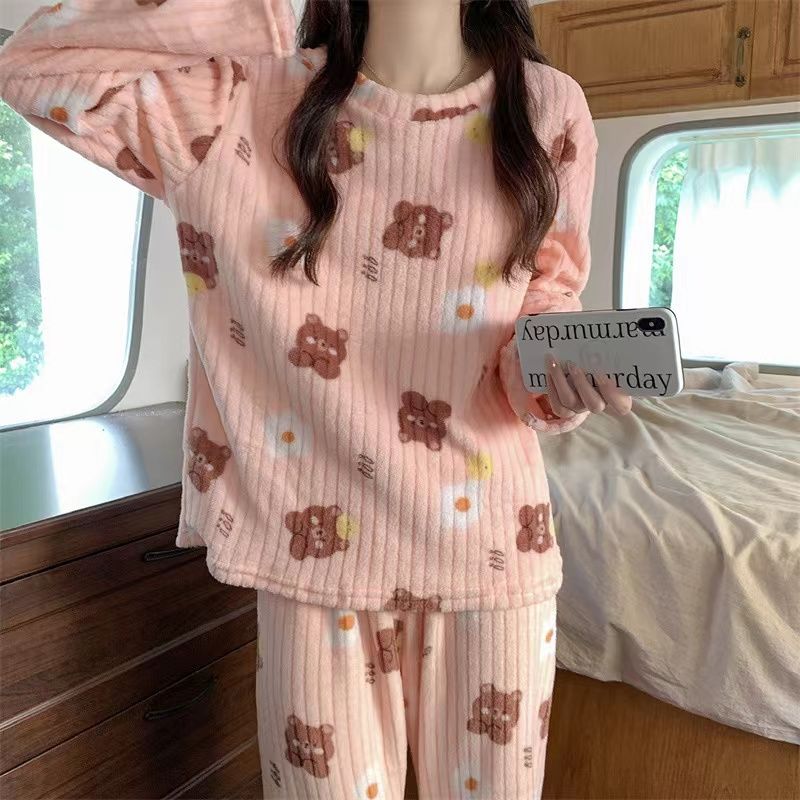 Фланелевые пижамы с медведем, женские корейские милые бархатные пижамы для девочек, бархатные зимние теплые брючные костюмы с длинными рукавами для домашнего обслуживания