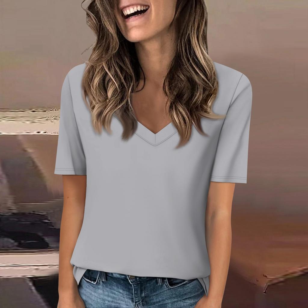 Женская футболка с v-образным вырезом, топ с короткими рукавами, повседневная однотонная футболка