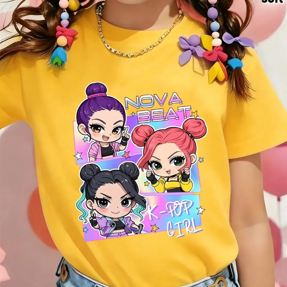 Новая детская футболка "Nova Beat Vibrant K-POP Girl Group" Мультяшный принт Повседневный универсальный топ, 100% чистый хлопок