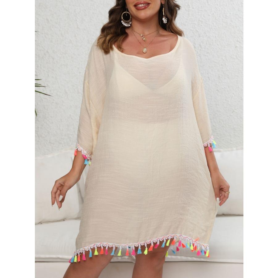 Белое, черное абрикосовое женское платье большого размера с кисточками в стиле пэчворк с разрезом на шее, сексуальное пляжное бикини с открытой спиной и завязками, накидки, платья