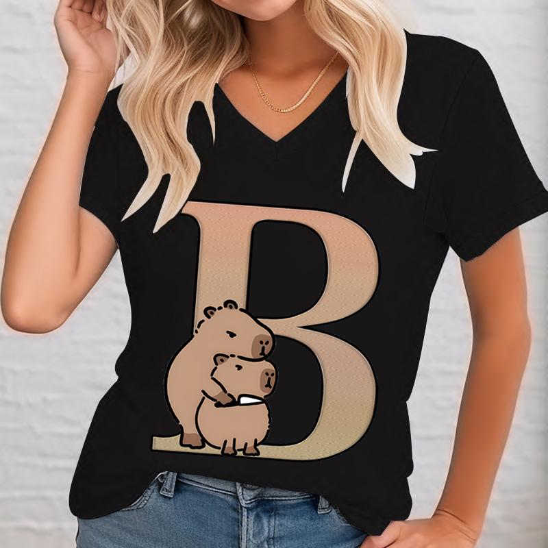 Alphabet Capybara Funny Print Tshirt Women Unisex Vneck Design Casual Cute Animal Short Sleeve T Shirts Oversized Novel Tees Top