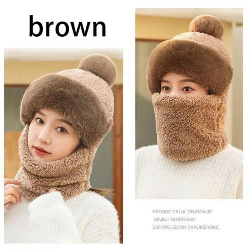 Winter Scarf Set Hooded Women's Plush Scarf Warm Hat Outdoor Ski Windproof Hat Thickened Plush Fluffy Woolen Hat