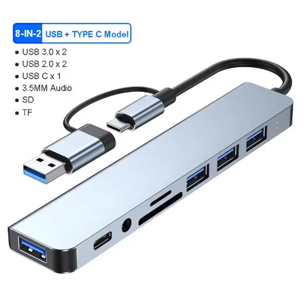 8 в 2 USB C ХАБ USB 3.0 Type C Док-станция 5 Гбит/с Высокоскоростная передача USB Разветвитель Type C на USB OTG Адаптер