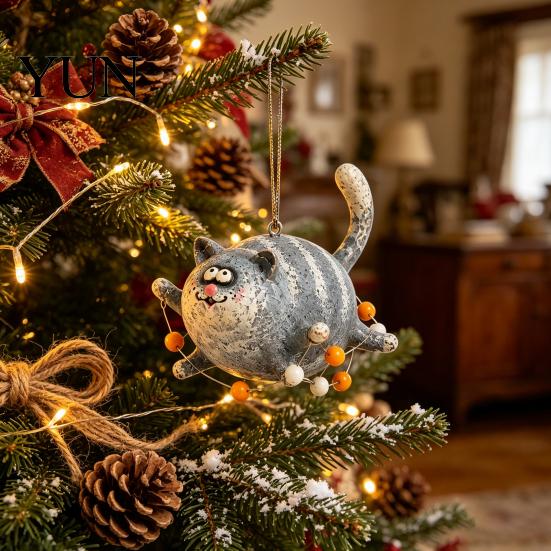 Cute Animal Home Decoration Flying Chubby Cat Ornament, Vintage 2D Acrylic Kitten Hanging Pendant with Blue Funny Striped Stripe Design, Car