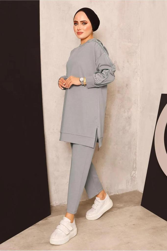 Женский комплект из длинной туники и брюк в хиджабе с жемчугом и молнией