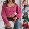 Spring Summer Casual Lantern-sleeved, Lace-up, Waist-cinching Chiffon Blouse, Crop Top for Women