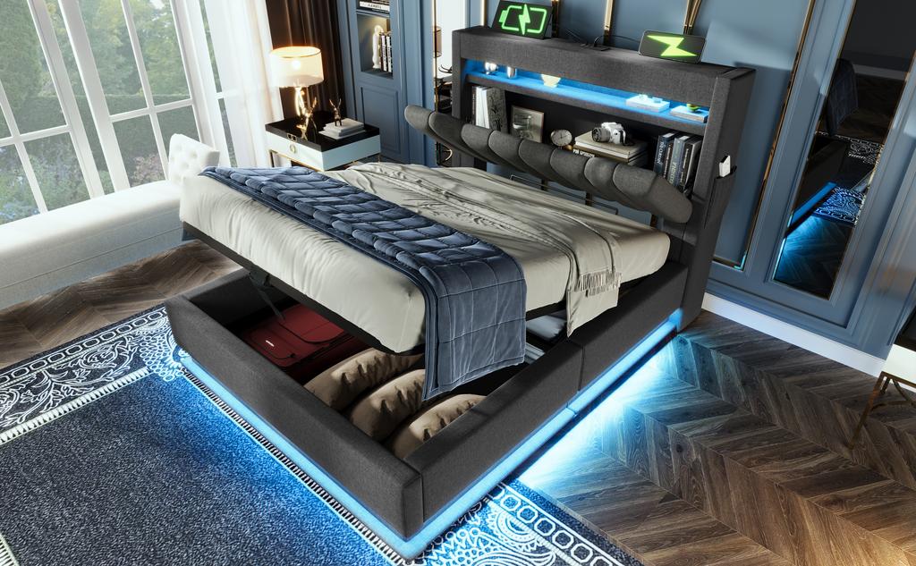 90x200cm Upholstered Single Bed, Headboard with USB Type-C Ports, LED Lighting Head and Foot End, Hydraulic Storage, Gray, Linen (Without Mattress)