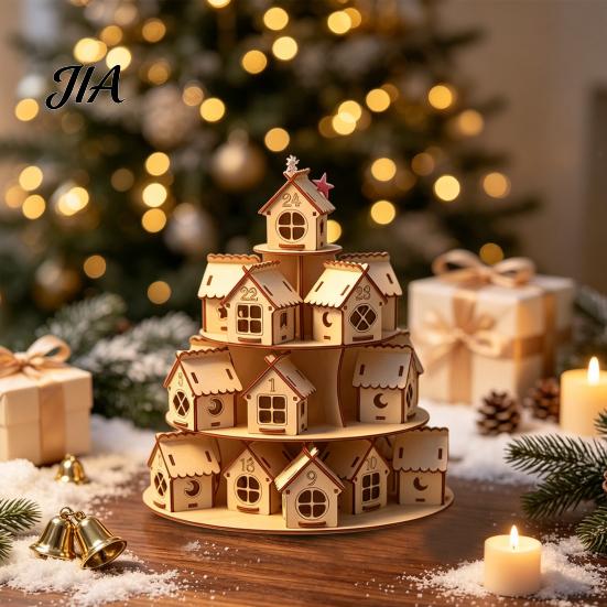 Christmas Party Decoration Wooden Advent Calendar, 24 House Countdown Display Stand with Tree Calendar Shape, Festive Holiday Tabletop Shelf