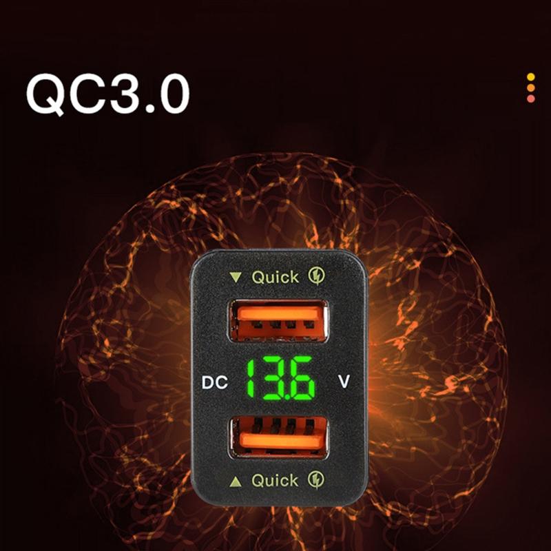 Двойное автомобильное USB-зарядное устройство QC3.0 Быстрая зарядка телефона Автоматический адаптер Светодиодный вольтметр Розетка 12-24 В