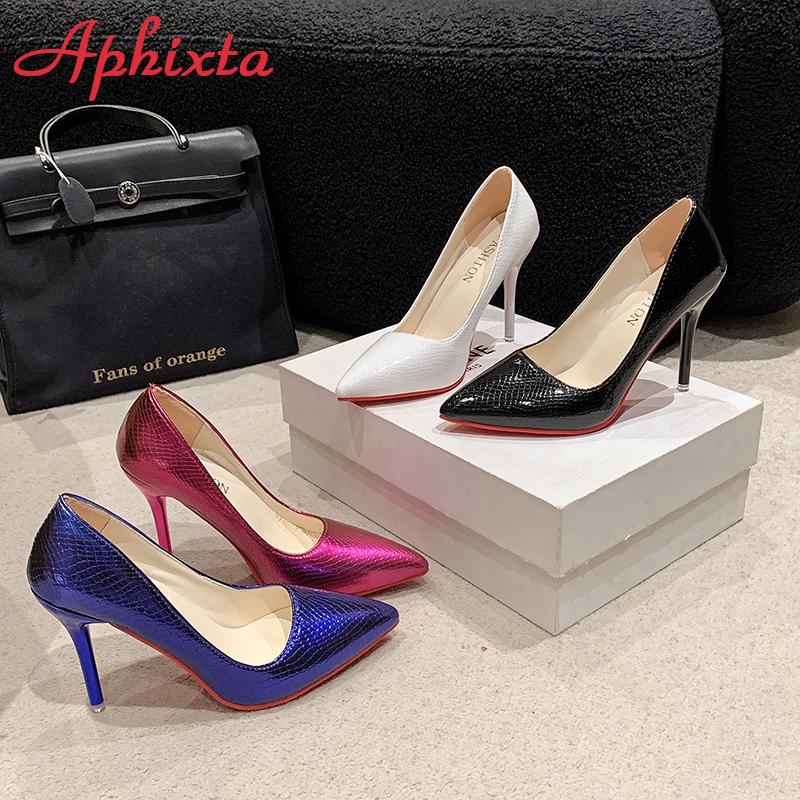 Aphixta 10см Туфли-лодочки на шпильке для женщин, змеиный тонкий каблук, острый носок, лакированная кожа, офисная обувь