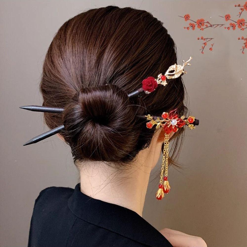 Flower Wooden Hair Stick Tassel Hanfu Hairpin Classical Cheongsam Accessories