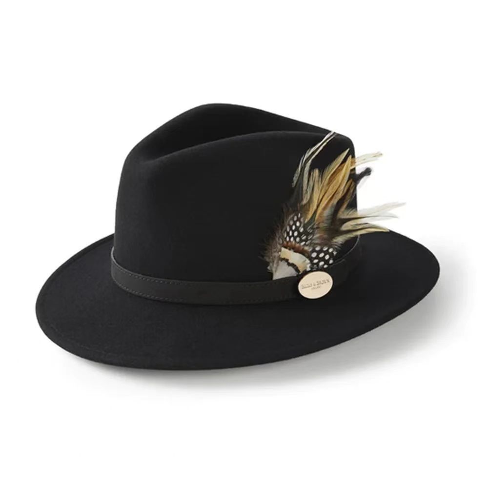 Solid Sheep Felt Hat Leather Trim Felt Hat Fashionable Wool Top Hat With Feathers