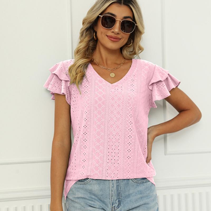 Women's Spring and Summer Solid Color Double-sleeve V-neck Loose Short-sleeved T-shirt