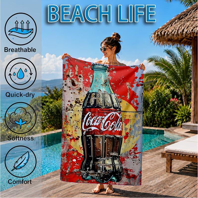 Пляжное полотенце Coca-cola с художественным дизайном, Быстросохнущее, Легкое в уходе, Подходит как для занятий фитнесом, так и для пляжного отдыха, Спортивный незаменимый аксессуар