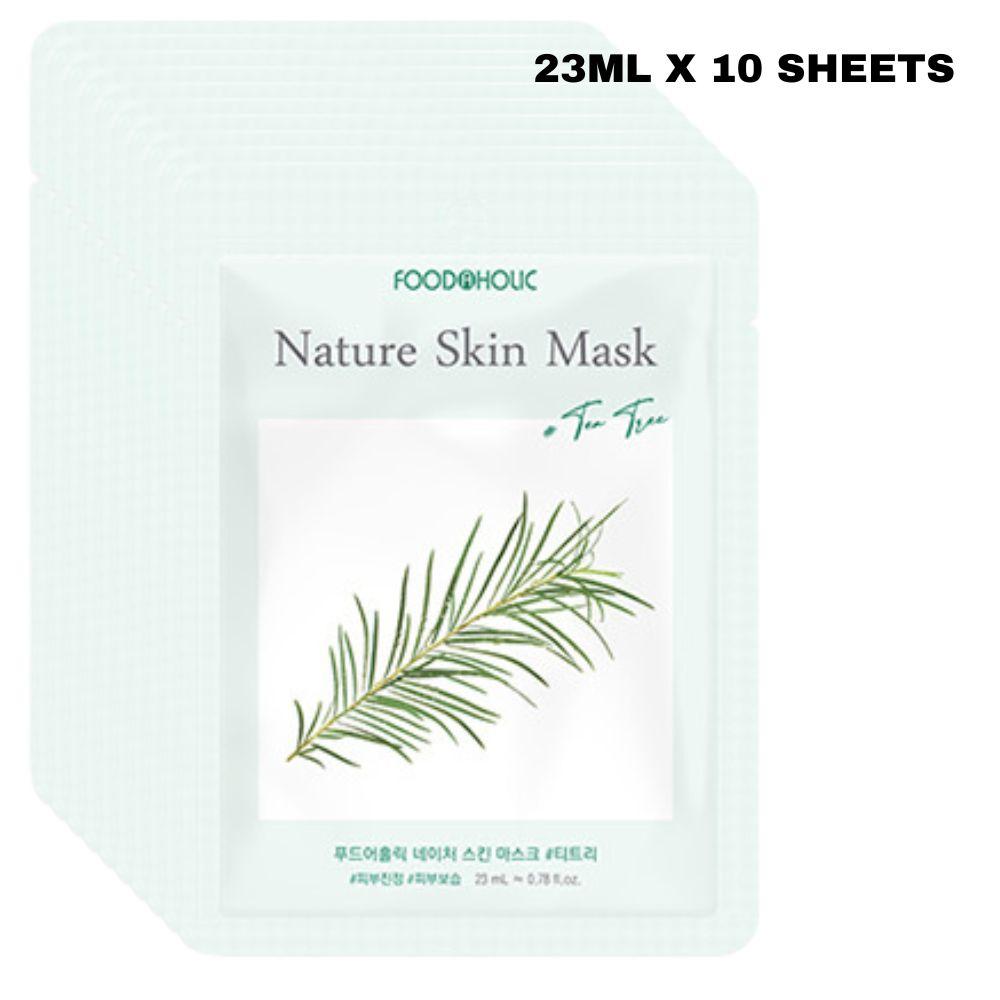 FoodaHolic Nature Skin Mask Tea Tree 23ml X 10 Sheets - Soothing & Balancing Facial Sheet Mask Pack for Clarifying and Pore Care(10 Sheets)
