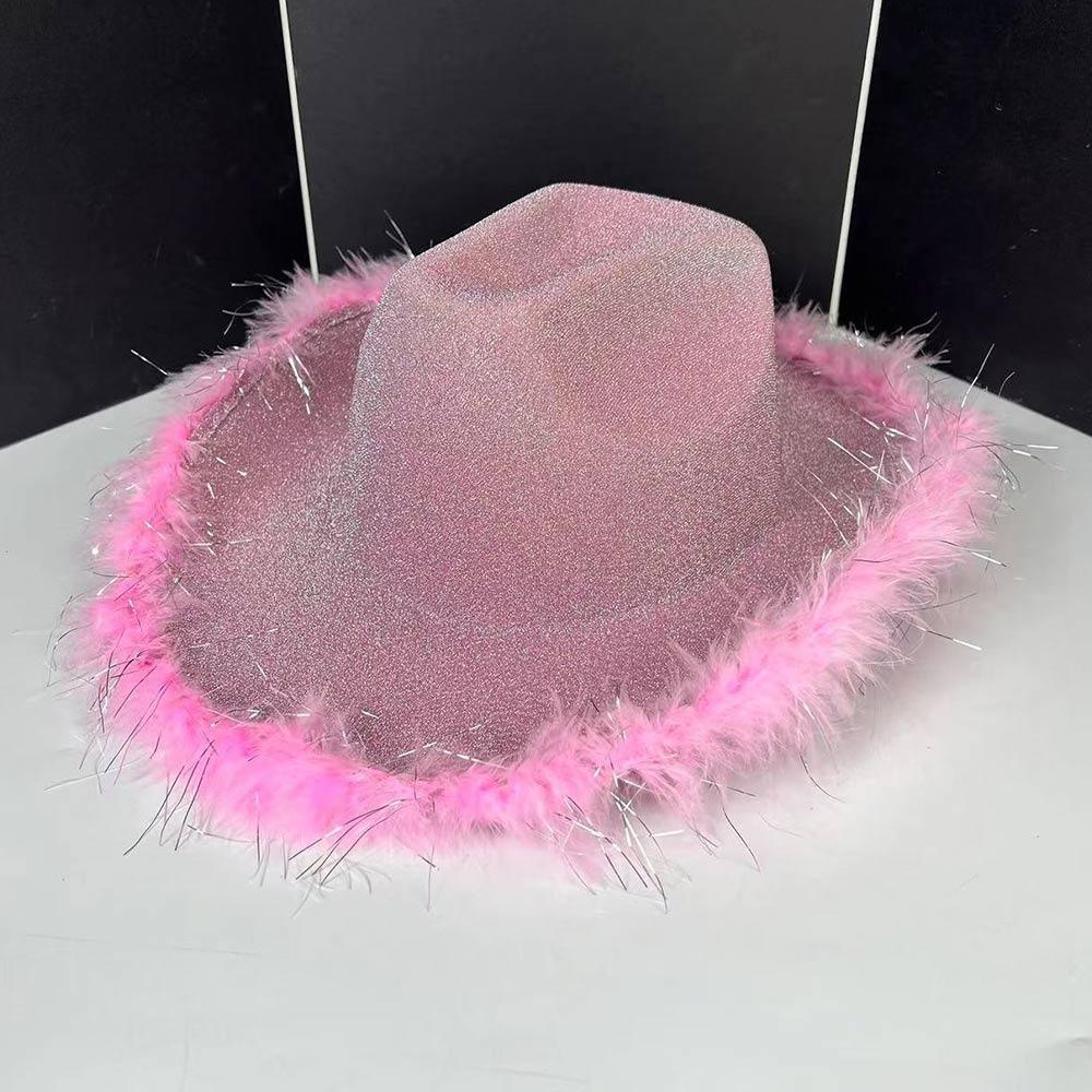 Plush Brim Cowboy Bucket Hat Pink Silver Panama Hat New Fisherman Cap for Camping Hiking