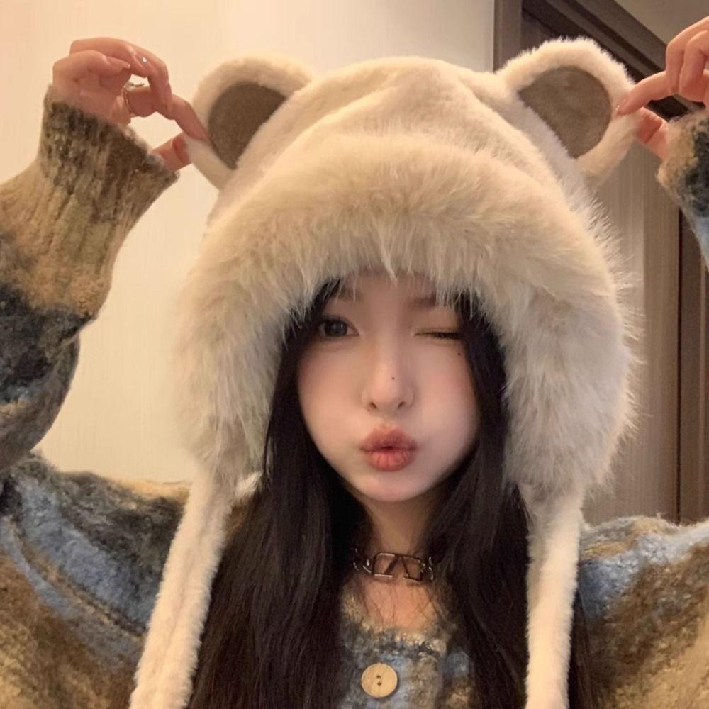 Теплая панама из искусственного меха, корейская женская, пушистая, модная, милая шапка с медвежьими ушками, зимняя