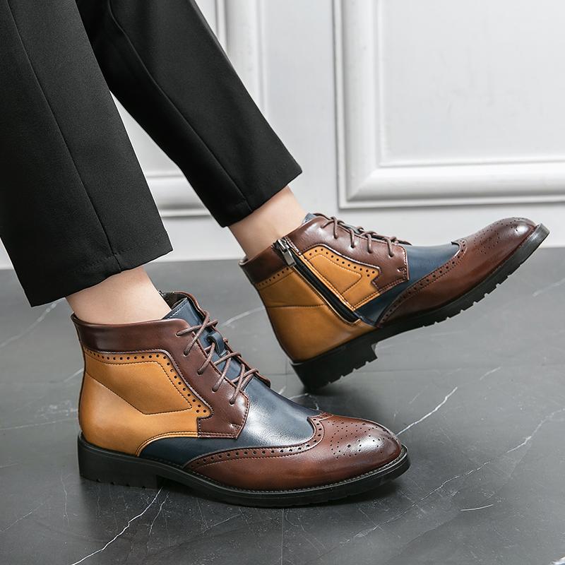 Модные зимние кожаные ботинки в стиле Брок, британские модные ботинки «Челси» на шнуровке, высококачественные туфли с толстой подошвой и контрастными кожаными вставками