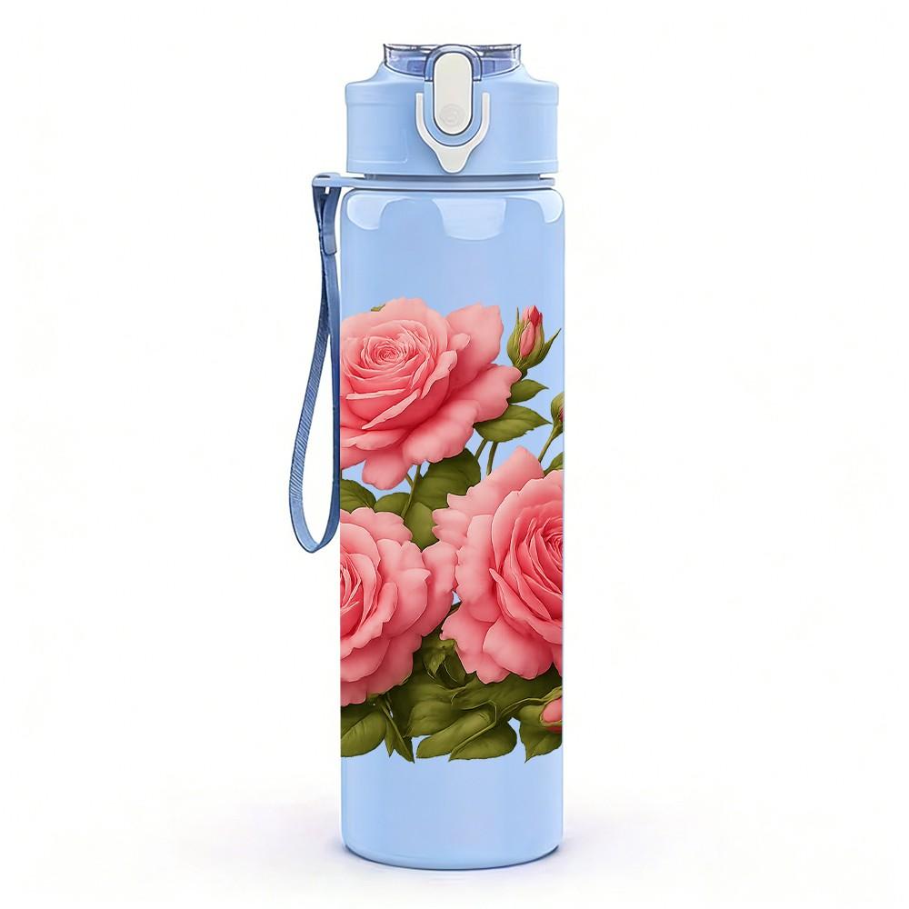 1PC Pink Rose Bouquet Floral Print 750ml Color Plastic Sports Water Bottle Leakproof Flip Straw Lid Suitable for Sports Office Home Use