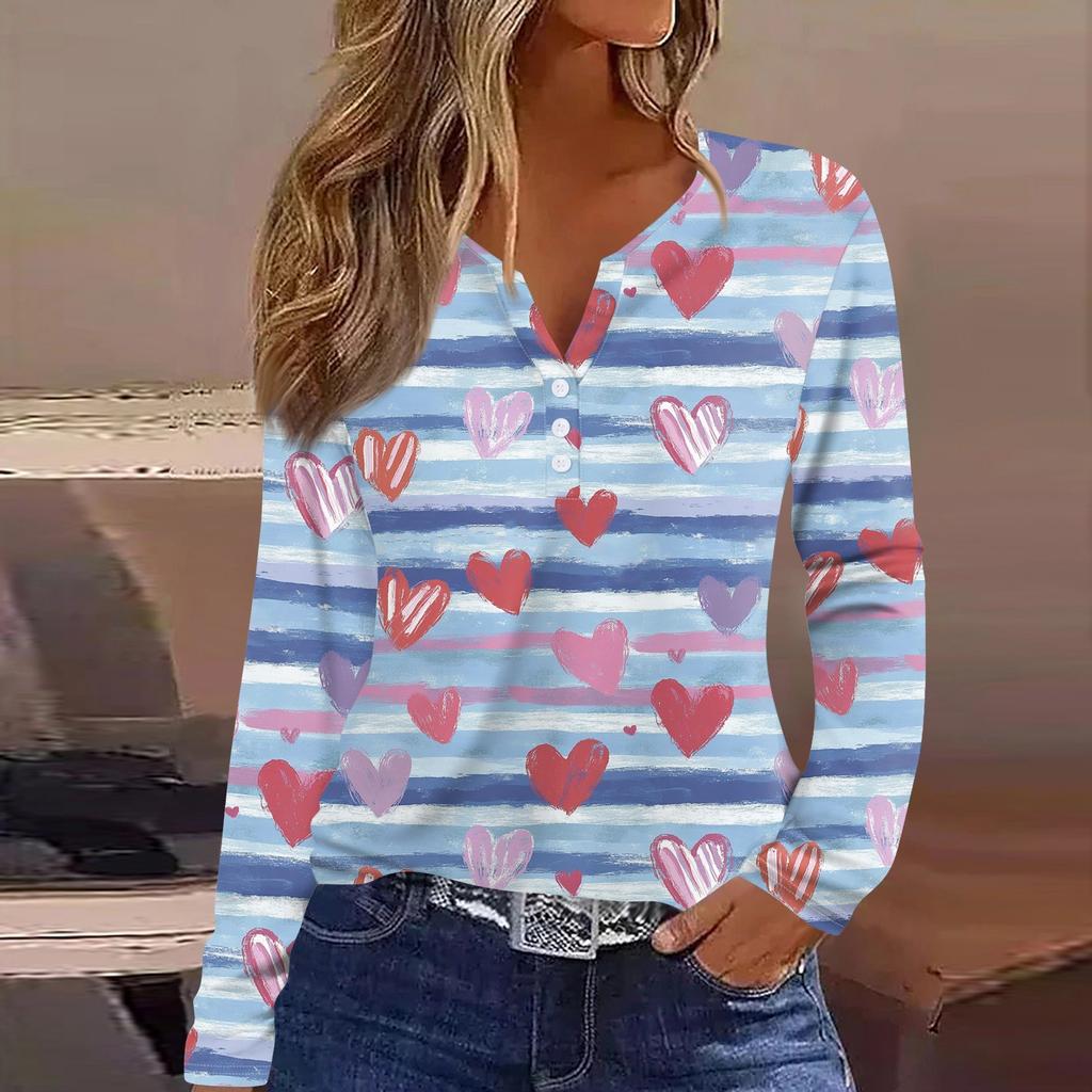 Женская футболка с принтом ко Дню святого Валентина, туника с длинным рукавом и пуговицами, повседневная мода на выходные, базовый топ с V-образным вырезом