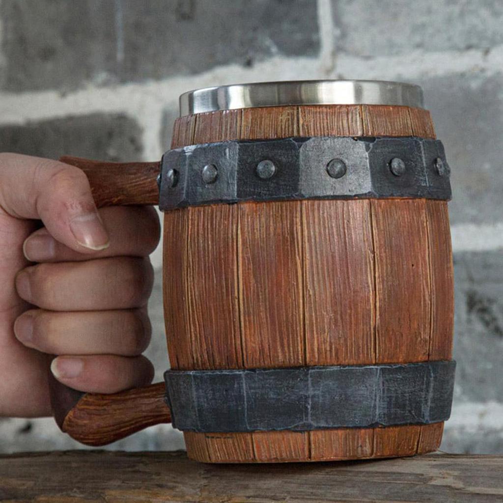 Viking Retro Beer Mug Resin 304 Stainless Steel Imitation Wood Coffee Cup Double Wall Mug Beer Jug Water Cup Barware Men's Gift