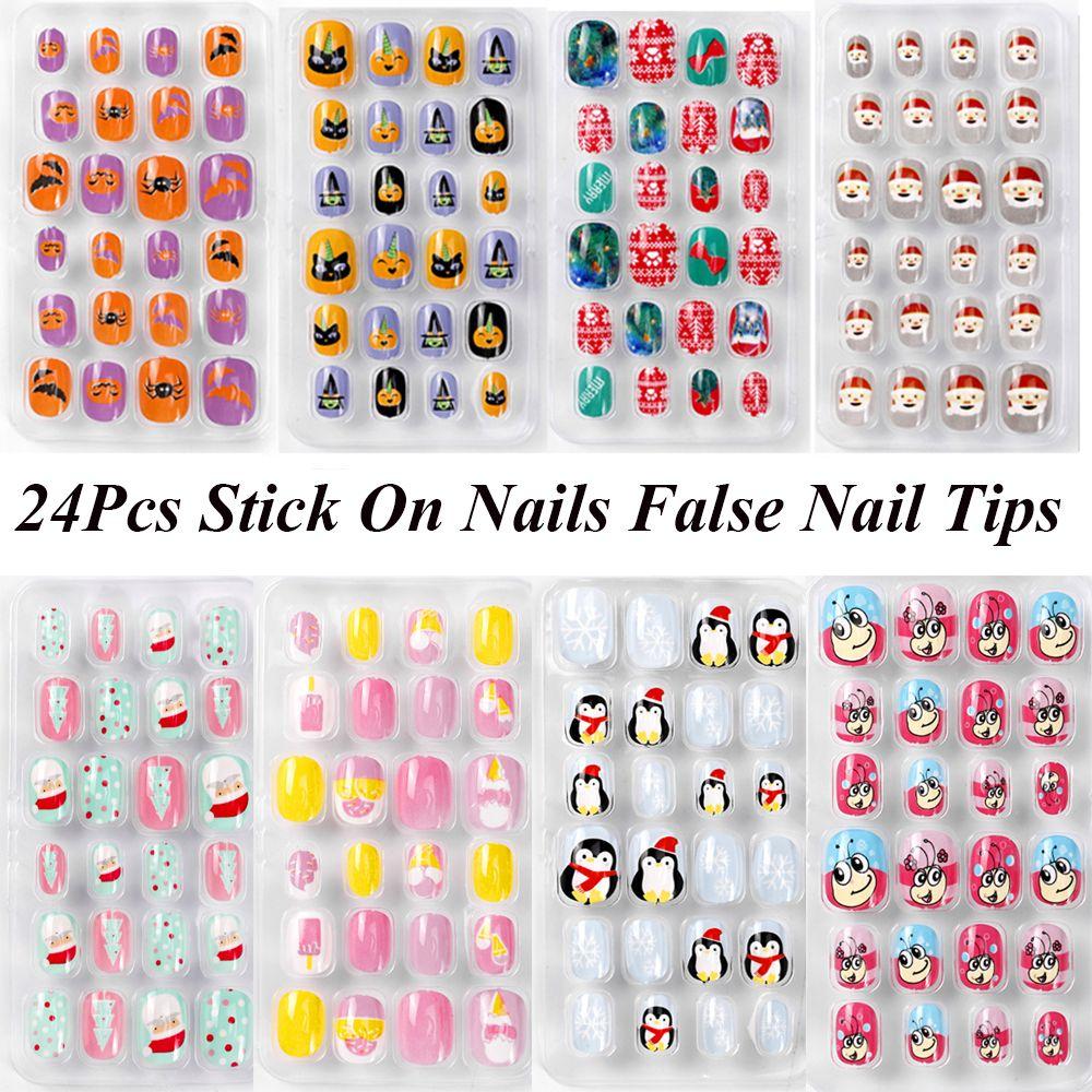 Детские рождественские накладные ногти для маникюра на Хэллоуин, детские накладные ногти с полным покрытием, самоклеящиеся